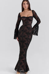 Strapless Lace Flared Backless Bodycon Maxi Lace Dress