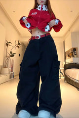 Letter Print Cargo Wide Leg Jeans