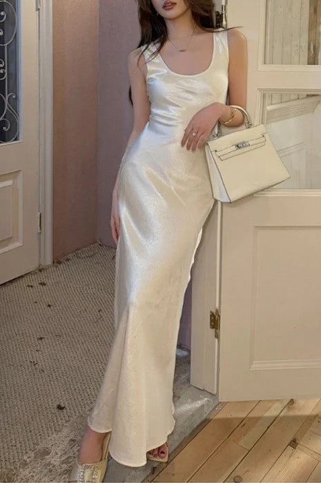 Satin Draped Sash Cami Bodycon Maxi Mermaid Silk Dress