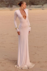 Elegant Deep V-Neck Long Sleeve Birthday Dress