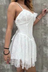 Solid V Neck Ruffled Lace Dress
