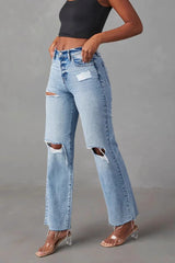 Distressed Ripped Raw Hem Washed Straight Jeans
