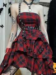 Red Plaid One Shoulder Irregular Strapless Backless  Vintage Lolita Academy Dress