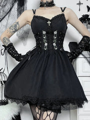 Gothic  Black V Neck Lace Up Y2K Grunge Punk High Waist Lace Trim Party Dress