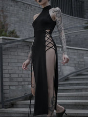 Gothic Dark High Split  Bandage Halter Slim Grunge Y2K Partywear Dress