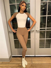 Contrast Patchwork Sport Two Piece Pants Set