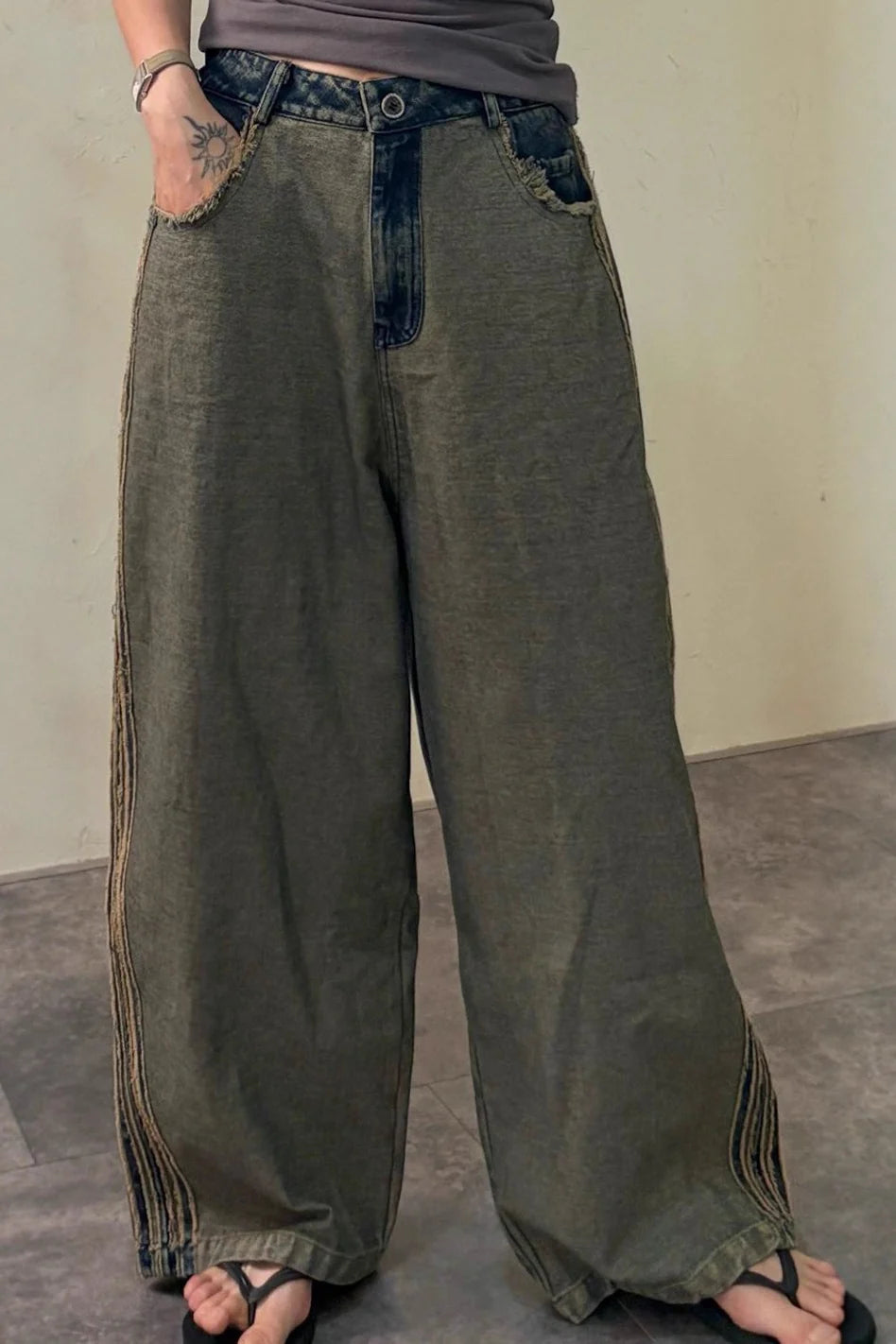 Striped Color Block Drawstring Loose Wide Leg Straight Jeans