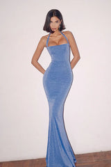 Off Shoulder Halter Waist Mermaid Silk Dress