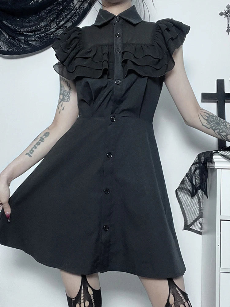 Mall Harajuku E-Girl Mesh Patchwork Black Slim A-Line  Party Grunge Aesthetic Streetwear Dress