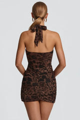 Leopard Halter Backless Deep V Mini Party Dress