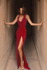Halter Backless Tie High-Slit Ruched  Formal Dress