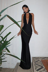V Neck Halter Backless Solid Slit Formal Dress