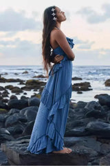 Solid Color V Neck Backless Strappy  Boho Dress