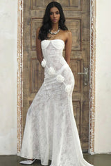 Sheer Lace Strapless Floral Applique Train Lace Dress