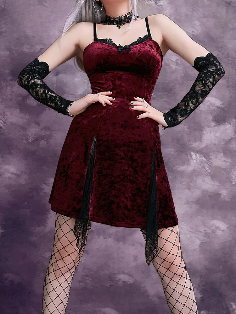 Y2K Gothic Vintage  Mesh Velvet Mini Grunge Aesthetic Dark High Waist Slit Partywear Emo Lolita Clubwear Dress