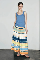 Print Pleated Silk Cotton Vacation Skirt
