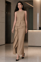 Ruffle Slit Skirt Elegant Two Piece Work Set