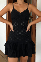 Lace Panel Cutout V Neck Bow Tiered Slip Dress
