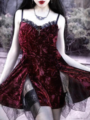 Y2K Gothic Vintage  Mesh Velvet Mini Grunge Aesthetic Dark High Waist Slit Partywear Emo Lolita Clubwear Dress