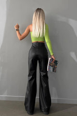 High Waist Flared Leather  Casual Pants