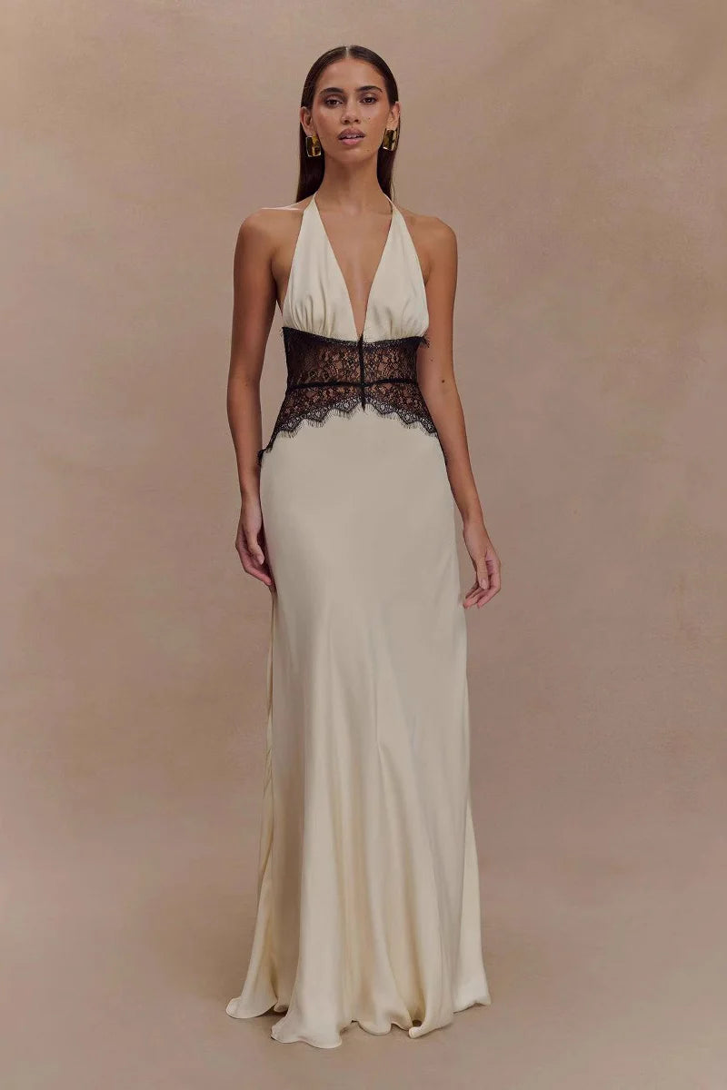 Deep V Halter Satin Slip Prom Dress