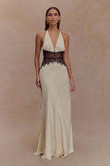 Deep V Halter Satin Slip Prom Dress