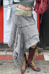 Knit Asymmetric Hem Ruffle Skirt