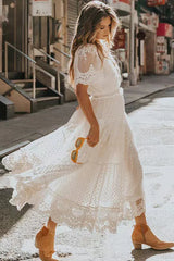 Short Sleeve V Neck Lace Boho Dress