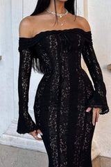 Chic  Lace Bell Sleeve Tube Top Slim High Waist Boho Dress