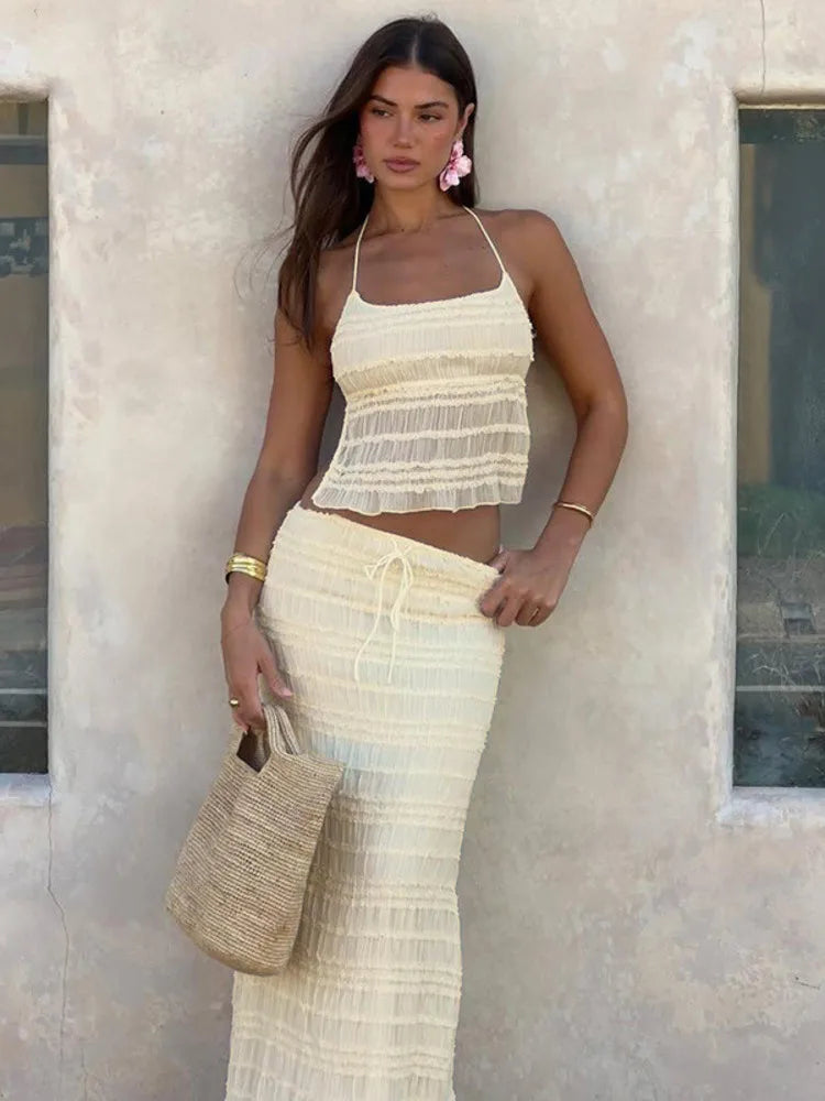 Chiffon Lace Halter Maxi  Long Two Piece Skirt Set