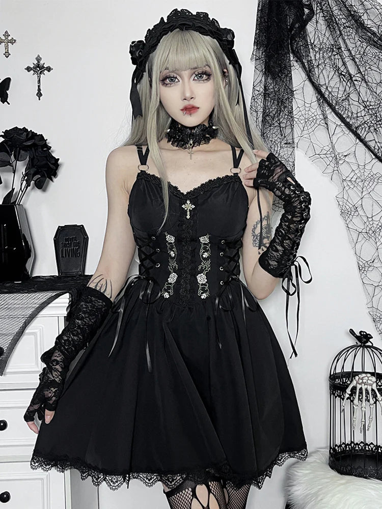 Gothic  Black V Neck Lace Up Y2K Grunge Punk High Waist Lace Trim Party Dress