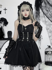 Gothic  Black V Neck Lace Up Y2K Grunge Punk High Waist Lace Trim Party Dress