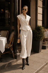 Cinched Sleeveless Vest High Waist Wide Leg Work Set