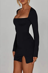 Square Neck Long Sleeve Slit Bodycon Dress