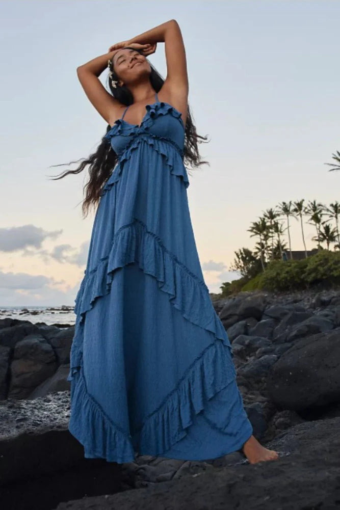 Solid Color V Neck Backless Strappy  Boho Dress