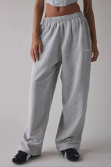 Embroidered Elastic Waist Loose Straight Pants