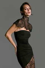 Lace Trim Strapless Cape Backless Slit Fit Lace Dress