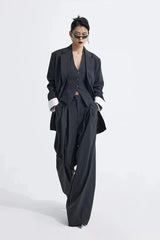 Grey Striped Vest Wide Leg Three Piece Set