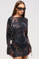 Fitted Crew Neck Printed Long-Sleeve Bodycon Dress
