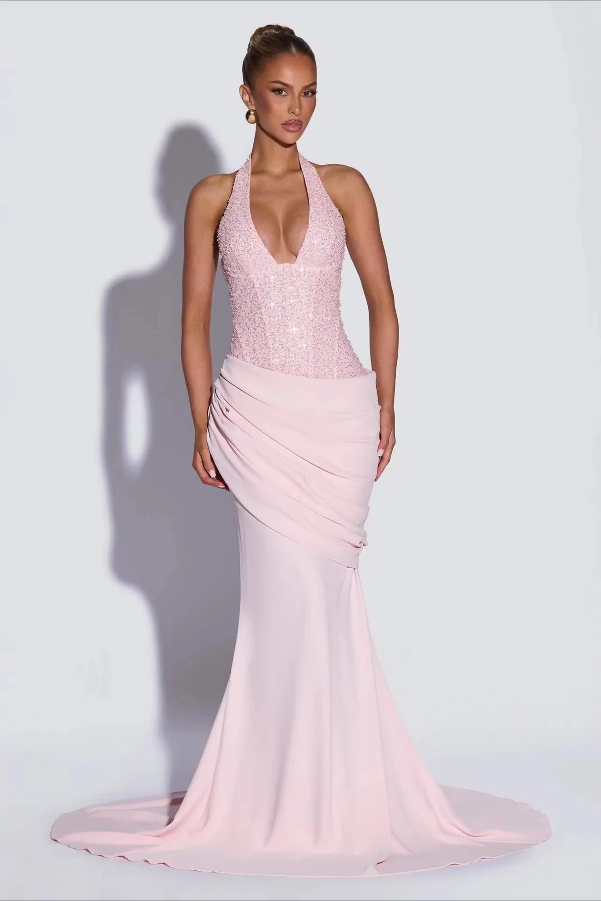 Sequin Patch Halter Deep V Ruched Train Maxi Bodycon Dress