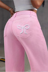 Y2K Bow Embroidered High Waist Straight Loose Jeans