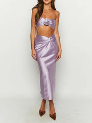 3D Flowers Ruched Satin Bandeau Two Piece Skirt Set