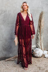 Lace Long Sleeve V Neck Solid Chiffon Boho Dress