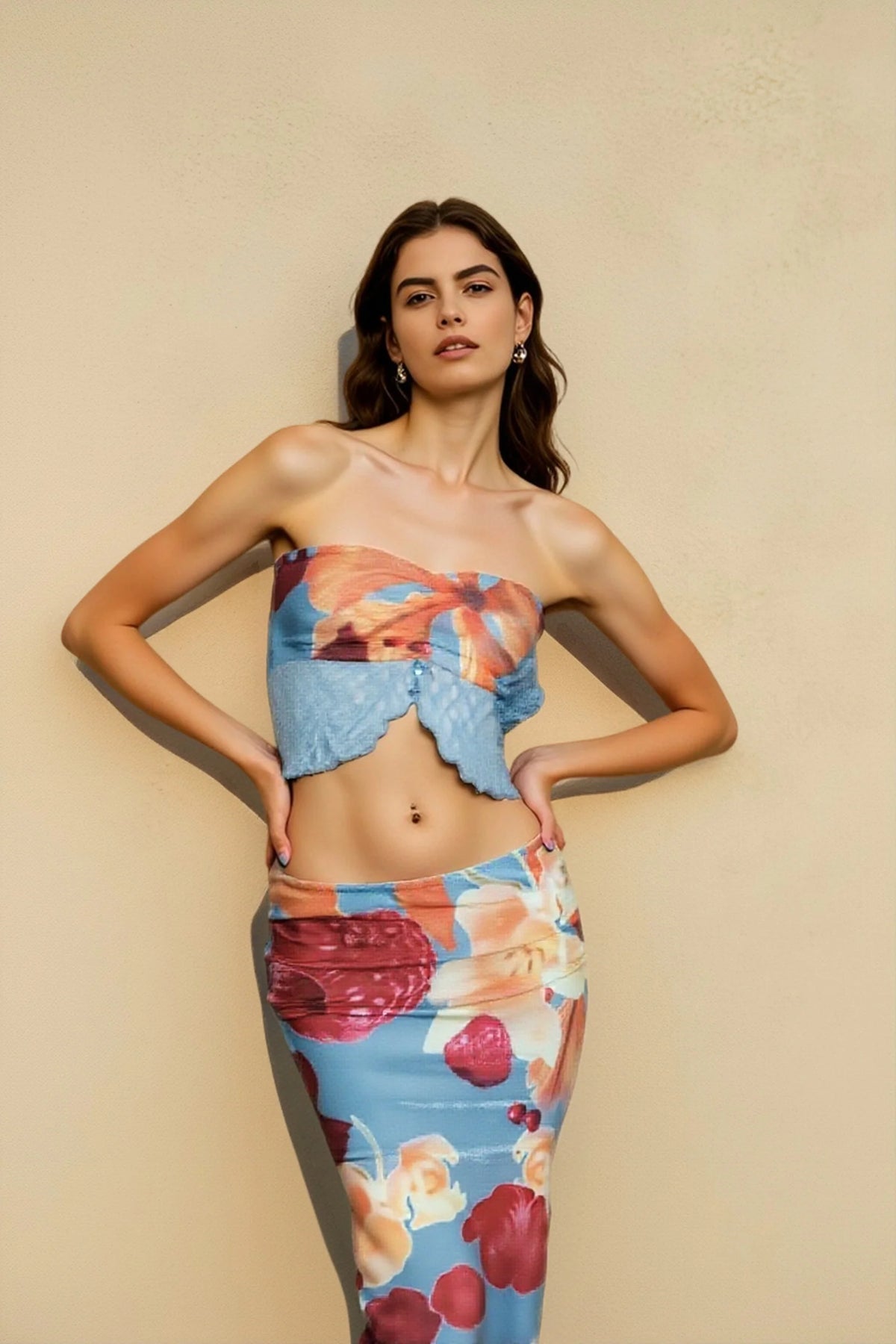 Strapless Tube Top Side Slit Midi Vacation Set