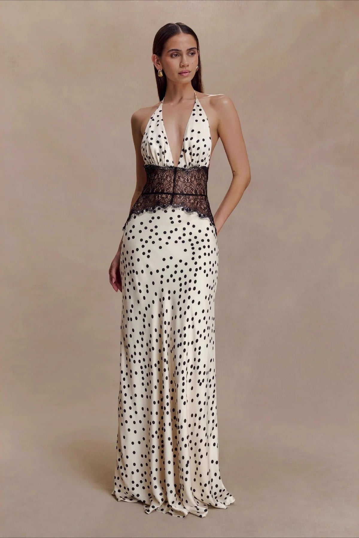 Polka Dot Lace Backless Waist Tie Maxi Lace Dress