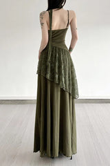Lace Trim Sheer Waist Tie Cami Maxi Lace Dress
