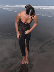 Sheer Mesh Swing Neck Midi Dress