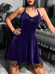 Velvet Gothic Green  Halter Y2K Backless Lace Patchwork High Waist Mini Dress