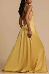 Satin Deep V Backless Maxi  Silk Dress