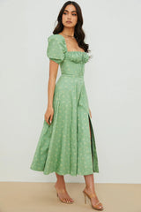 Puff Sleeve Wrap Slit Maxi Floral Dress